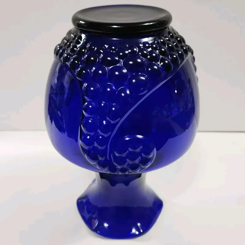 Vtg Lg Vase Deep Cobalt Blue 9” Tall Bubble Grape Design Ruffled Top Hour Glass